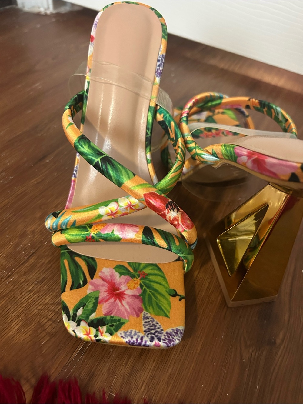 Tropical Floral Strappy High Heel Sandals - Yellow